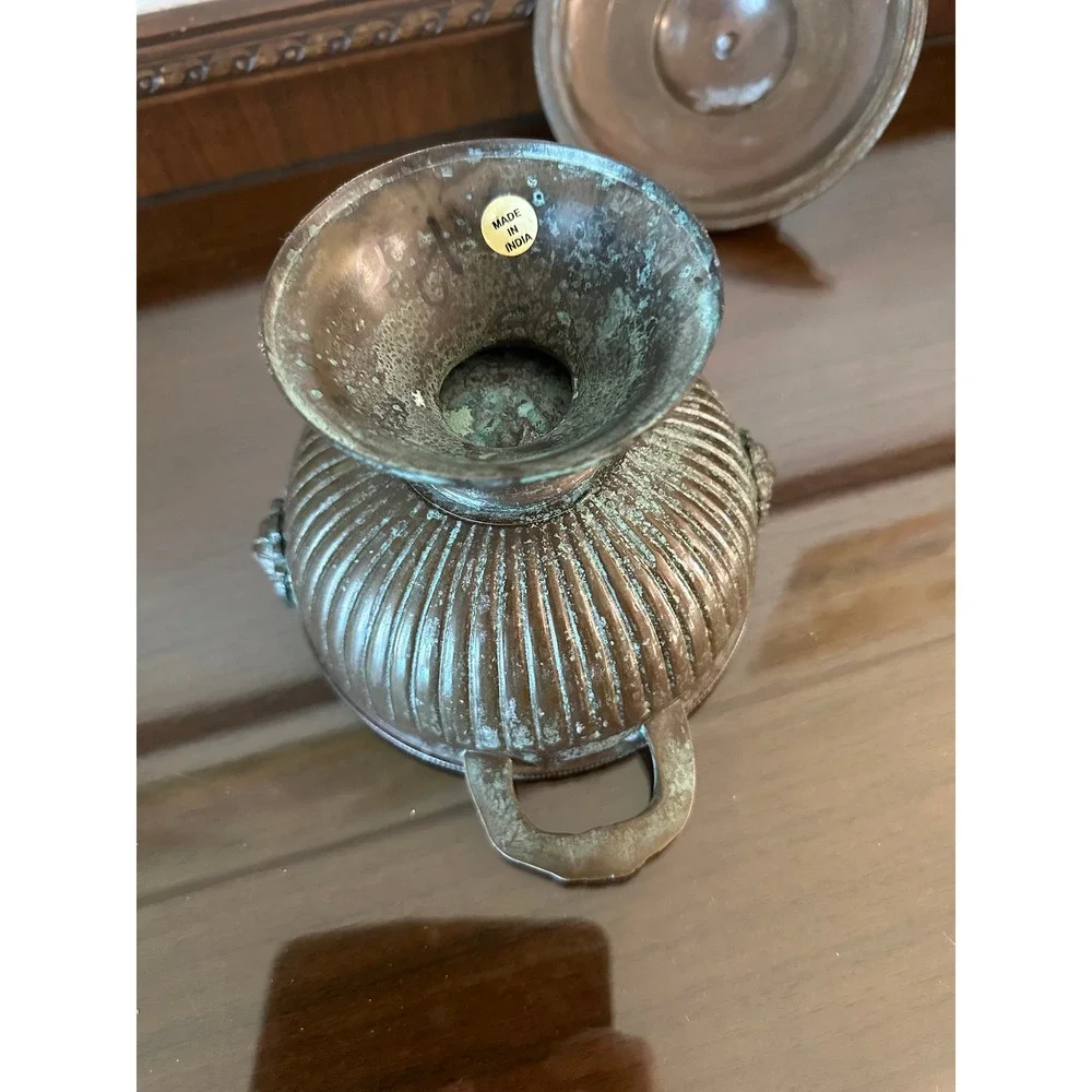 Solid Brass Urn Style Bowl Lid Trinket Pedestal Double Lion Heads‎ Shelf Decor